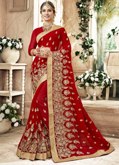 Maroon Georgette Embroidered  Wedding Wear  saree 6805